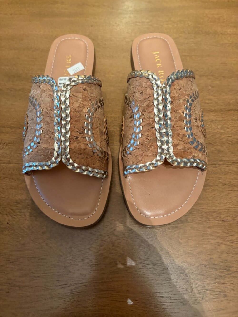 NWT Jack Rogers Cork Slide on Sandals with Gold Stitching. Size 6